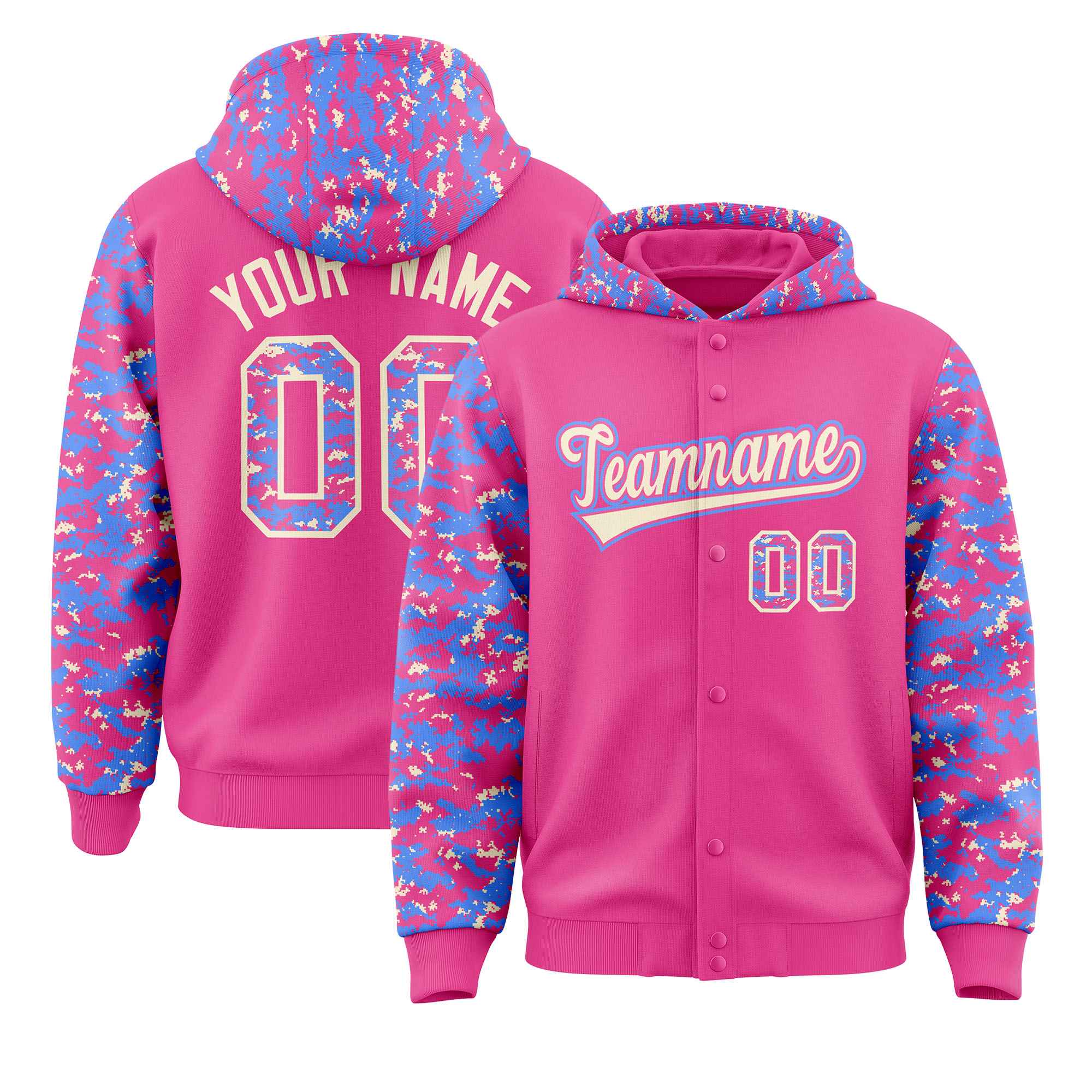 Custom Pink Powder Blue-Cream Raglan Sleeves Varsity Full-Snap Letterman Camo Hoodie Jacket