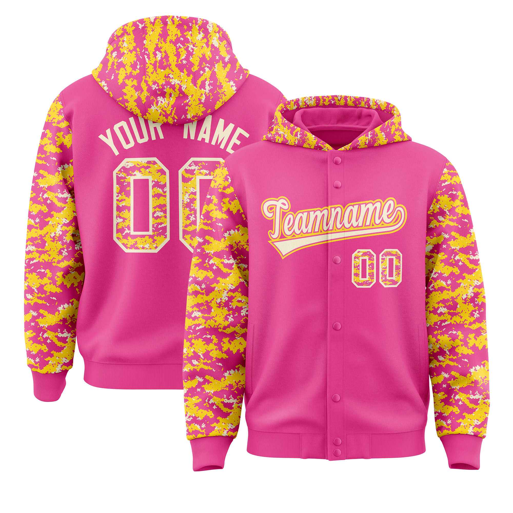 Custom Pink Gold-Cream Raglan Sleeves Varsity Full-Snap Letterman Camo Hoodie Jacket