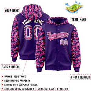 Custom Purple Pink-Cream Raglan Sleeves Varsity Full-Snap Letterman Camo Hoodie Jacket