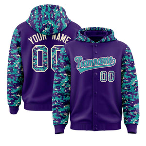 Custom Purple Aqua-Cream Raglan Sleeves Varsity Full-Snap Letterman Camo Hoodie Jacket