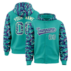 Custom Aqua Purple-Cream Raglan Sleeves Varsity Full-Snap Letterman Camo Hoodie Jacket