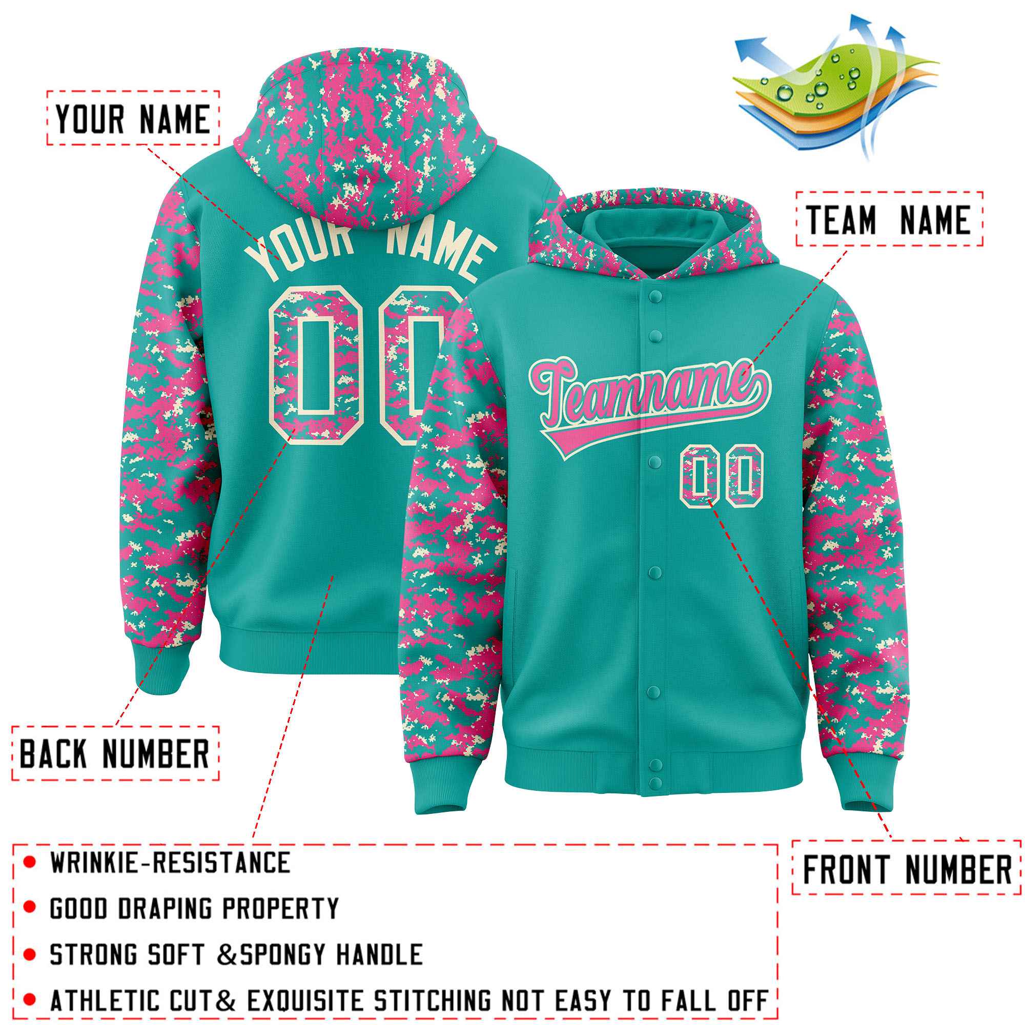 Custom Aqua Pink-Cream Raglan Sleeves Varsity Full-Snap Letterman Camo Hoodie Jacket