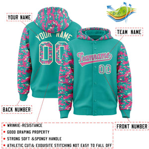 Custom Aqua Pink-Cream Raglan Sleeves Varsity Full-Snap Letterman Camo Hoodie Jacket