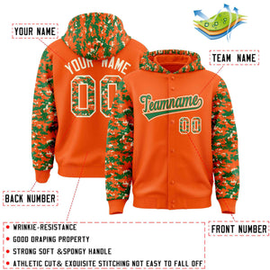 Custom Orange Kelly Green-Cream Raglan Sleeves Varsity Full-Snap Letterman Camo Hoodie Jacket