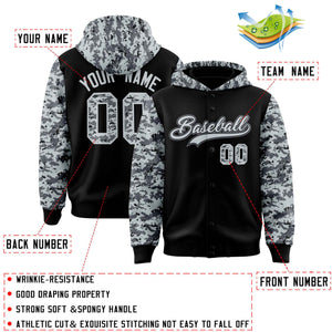 Custom Black Silver-Gray Raglan Sleeves Varsity Full-Snap Letterman Camo Hoodie Jacket