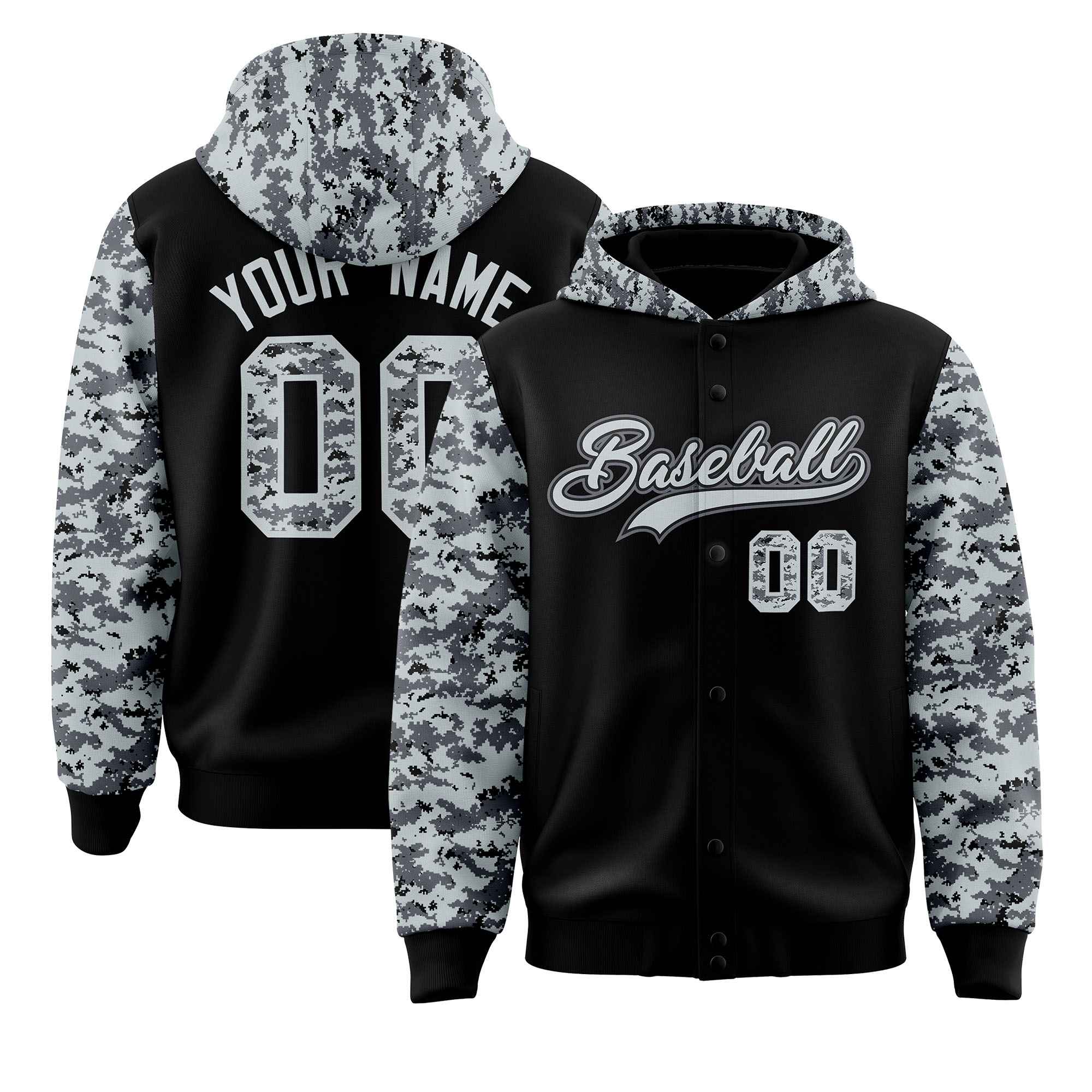 Custom Black Silver-Gray Raglan Sleeves Varsity Full-Snap Letterman Camo Hoodie Jacket