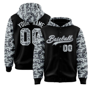 Custom Black Silver-Gray Raglan Sleeves Varsity Full-Snap Letterman Camo Hoodie Jacket