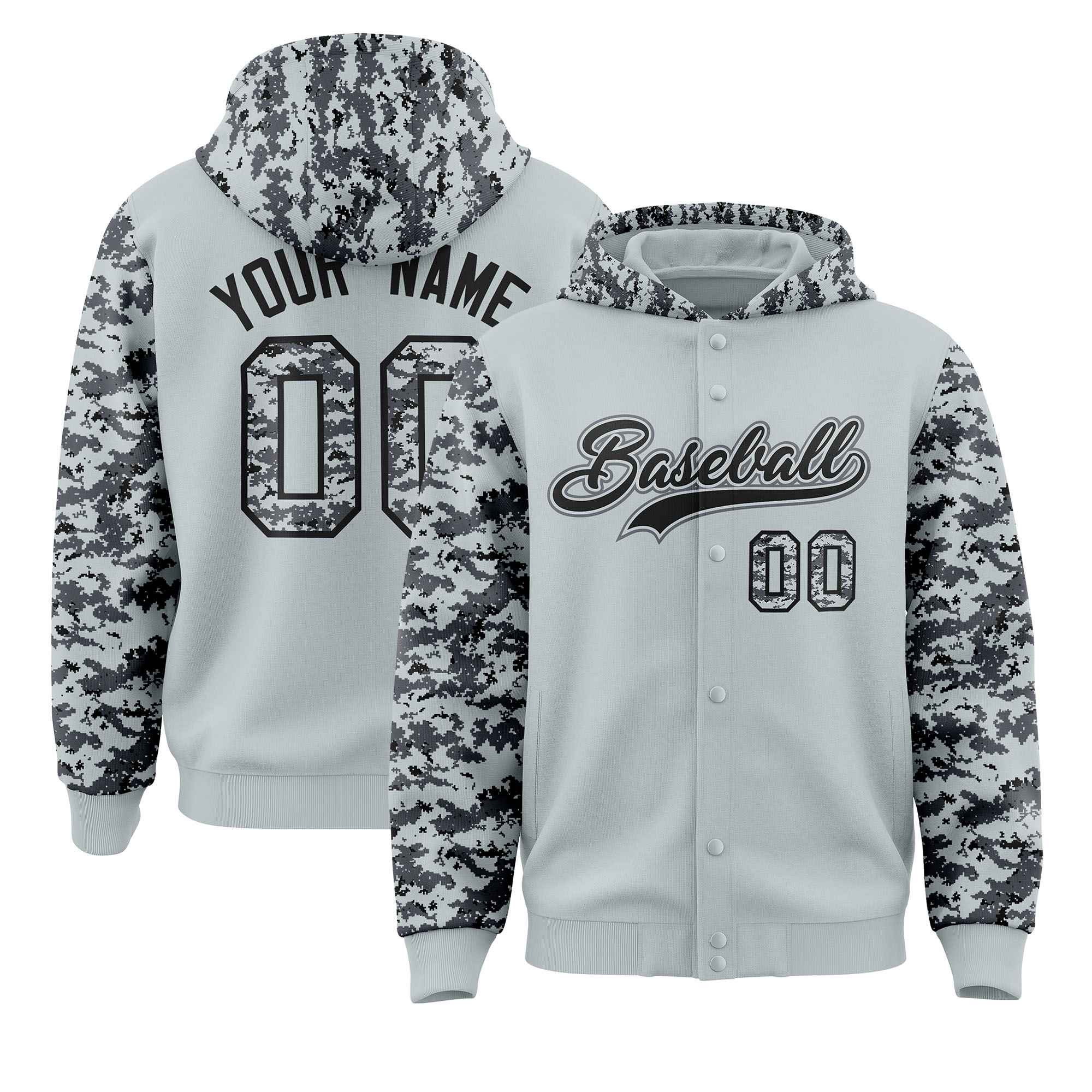 Custom Silver Gray-Black Raglan Sleeves Varsity Full-Snap Letterman Camo Hoodie Jacket