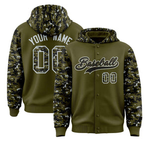 Custom Olive Black-Silver Raglan Sleeves Varsity Full-Snap Letterman Camo Hoodie Jacket