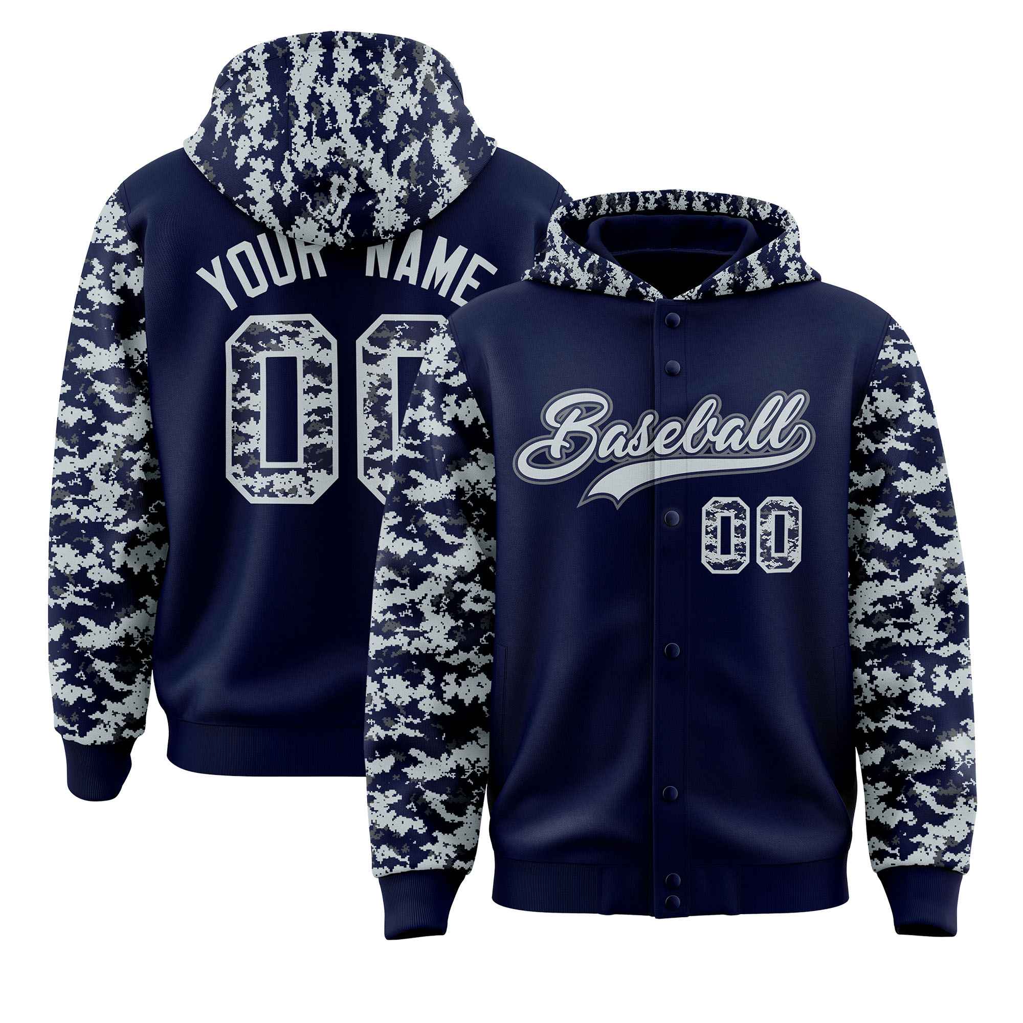 Custom Navy Silver-Gray Raglan Sleeves Varsity Full-Snap Letterman Camo Hoodie Jacket