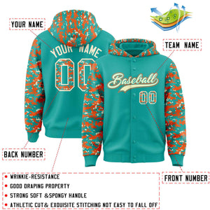 Custom Aqua Orange-Cream Raglan Sleeves Varsity Full-Snap Letterman Camo Hoodie Jacket