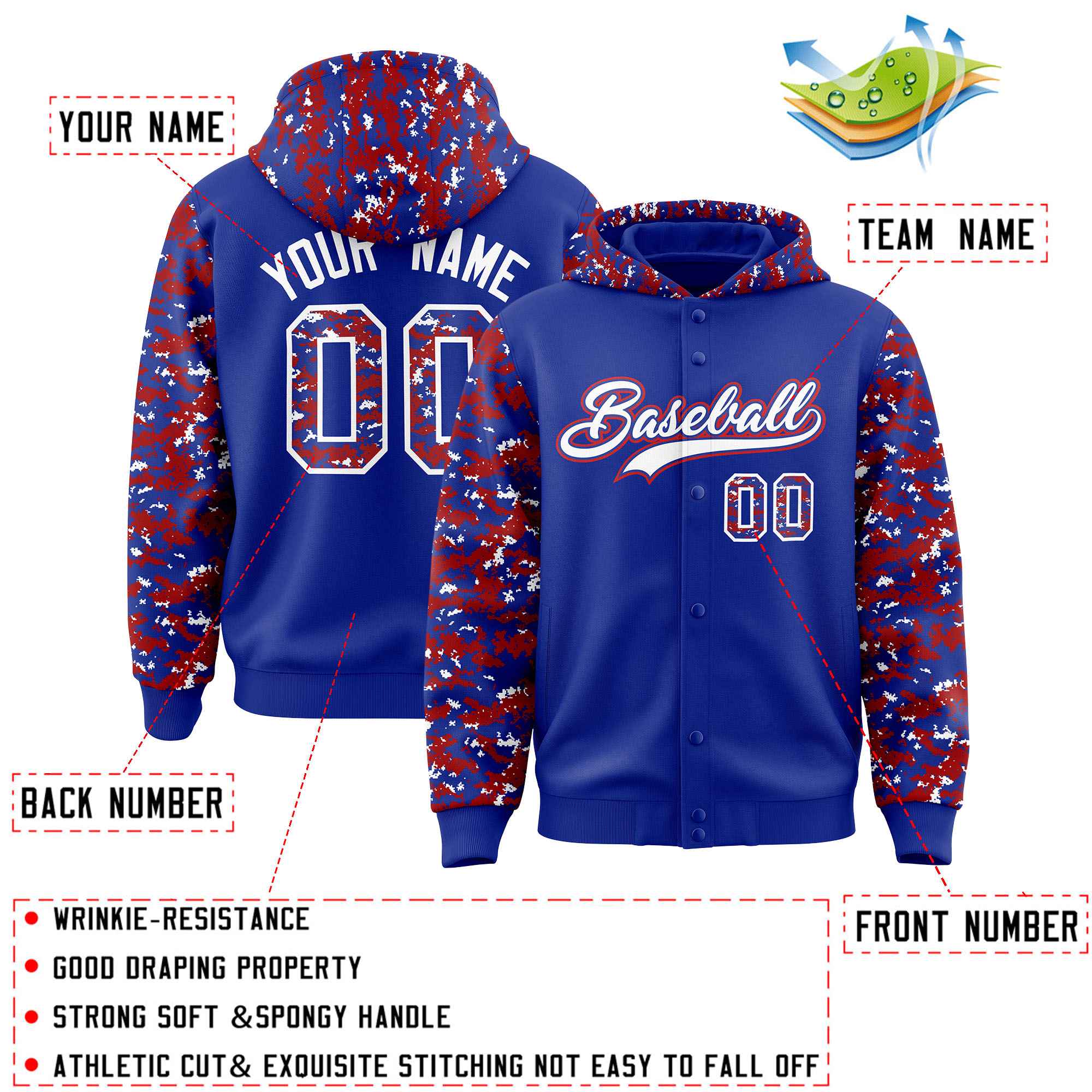 Custom Royal Red-White Raglan Sleeves Varsity Full-Snap Letterman Camo Hoodie Jacket