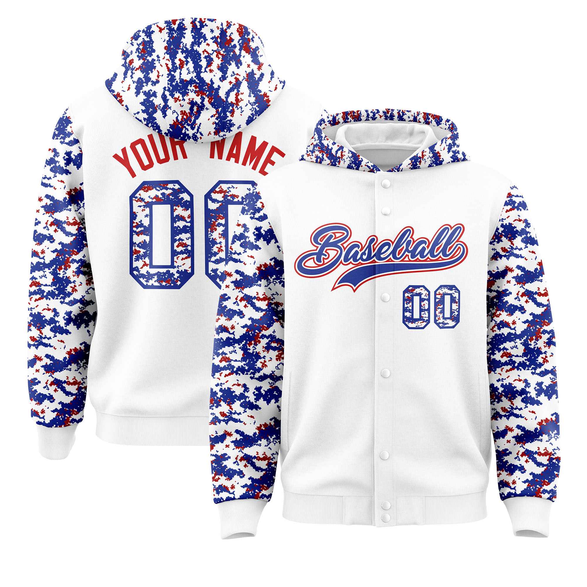 Custom White Royal-Red Raglan Sleeves Varsity Full-Snap Letterman Camo Hoodie Jacket