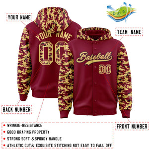 Custom Crimson Khaki-Black Raglan Sleeves Varsity Full-Snap Letterman Camo Hoodie Jacket