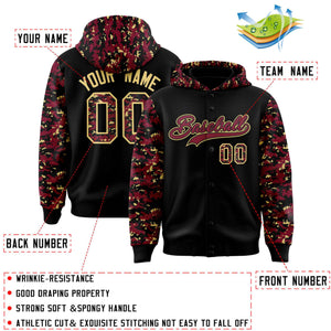 Custom Black Crimson-Khaki Raglan Sleeves Varsity Full-Snap Letterman Camo Hoodie Jacket