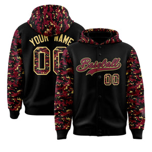 Custom Black Crimson-Khaki Raglan Sleeves Varsity Full-Snap Letterman Camo Hoodie Jacket