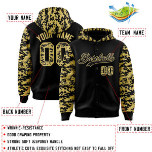 Custom Black Old Gold- Raglan Sleeves Varsity Full-Snap Letterman Camo Hoodie Jacket