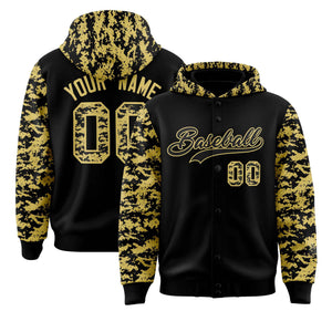 Custom Black Old Gold- Raglan Sleeves Varsity Full-Snap Letterman Camo Hoodie Jacket