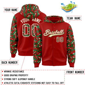 Custom Red Kelly Green-Cream Raglan Sleeves Varsity Full-Snap Letterman Camo Hoodie Jacket