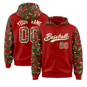 Custom Red Kelly Green-Cream Raglan Sleeves Varsity Full-Snap Letterman Camo Hoodie Jacket