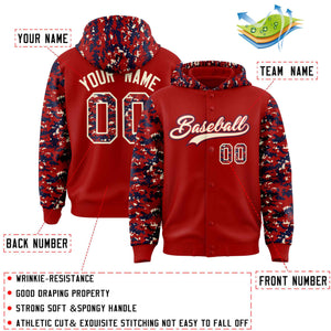 Custom Red Navy-Cream Raglan Sleeves Varsity Full-Snap Letterman Camo Hoodie Jacket