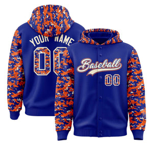 Custom Royal Orange-Cream Raglan Sleeves Varsity Full-Snap Letterman Camo Hoodie Jacket