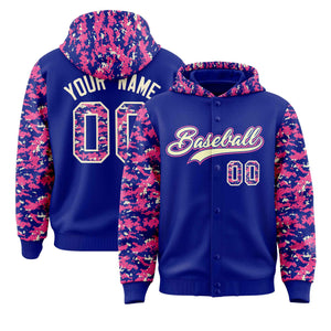 Custom Royal Pink-Cream Raglan Sleeves Varsity Full-Snap Letterman Camo Hoodie Jacket