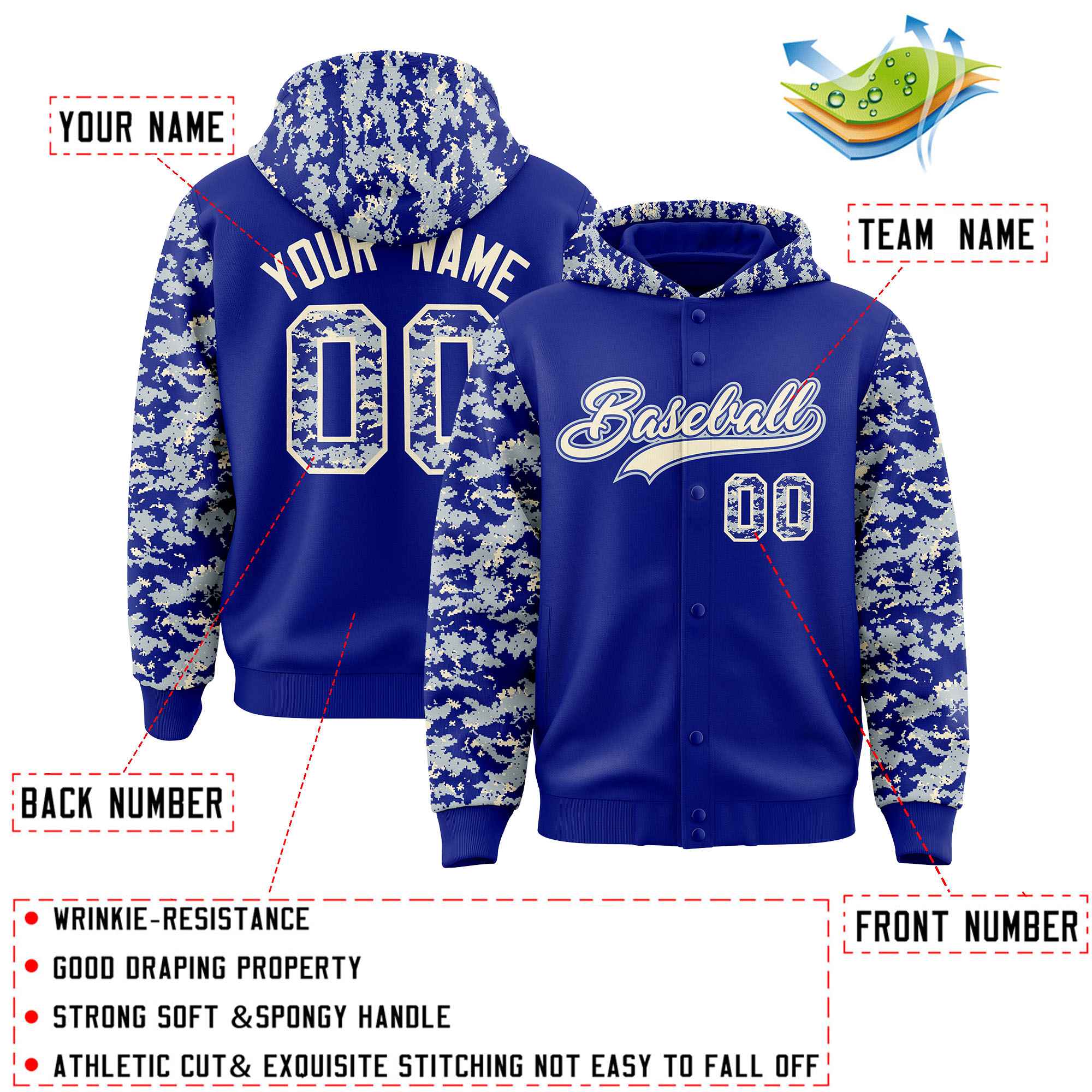 Custom Royal Silver-Cream Raglan Sleeves Varsity Full-Snap Letterman Camo Hoodie Jacket