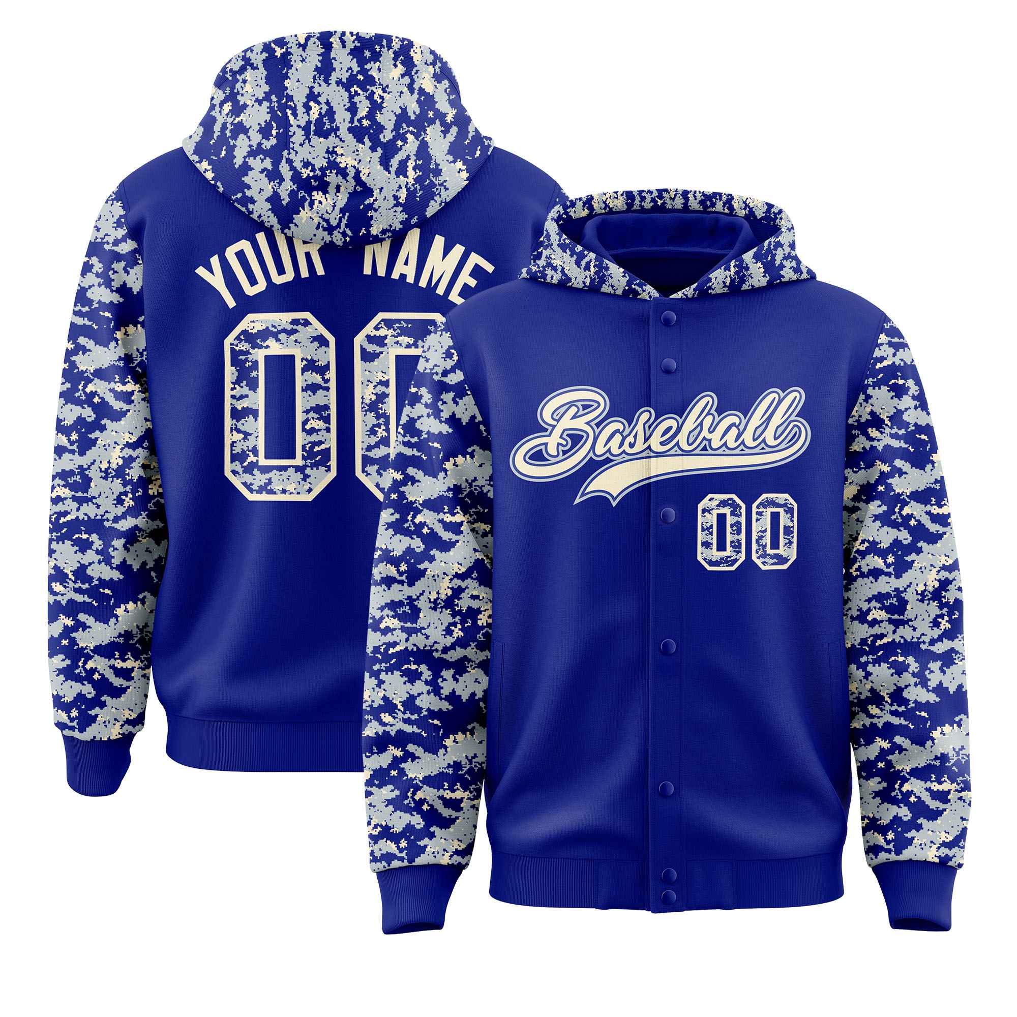 Custom Royal Silver-Cream Raglan Sleeves Varsity Full-Snap Letterman Camo Hoodie Jacket