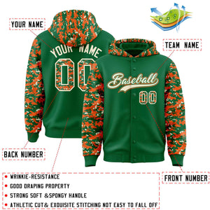 Custom Kelly Green Orange-Cream Raglan Sleeves Varsity Full-Snap Letterman Camo Hoodie Jacket