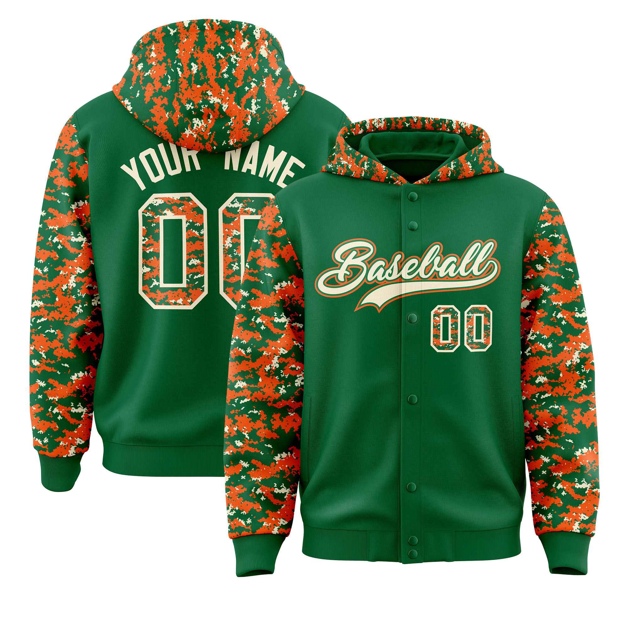 Custom Kelly Green Orange-Cream Raglan Sleeves Varsity Full-Snap Letterman Camo Hoodie Jacket