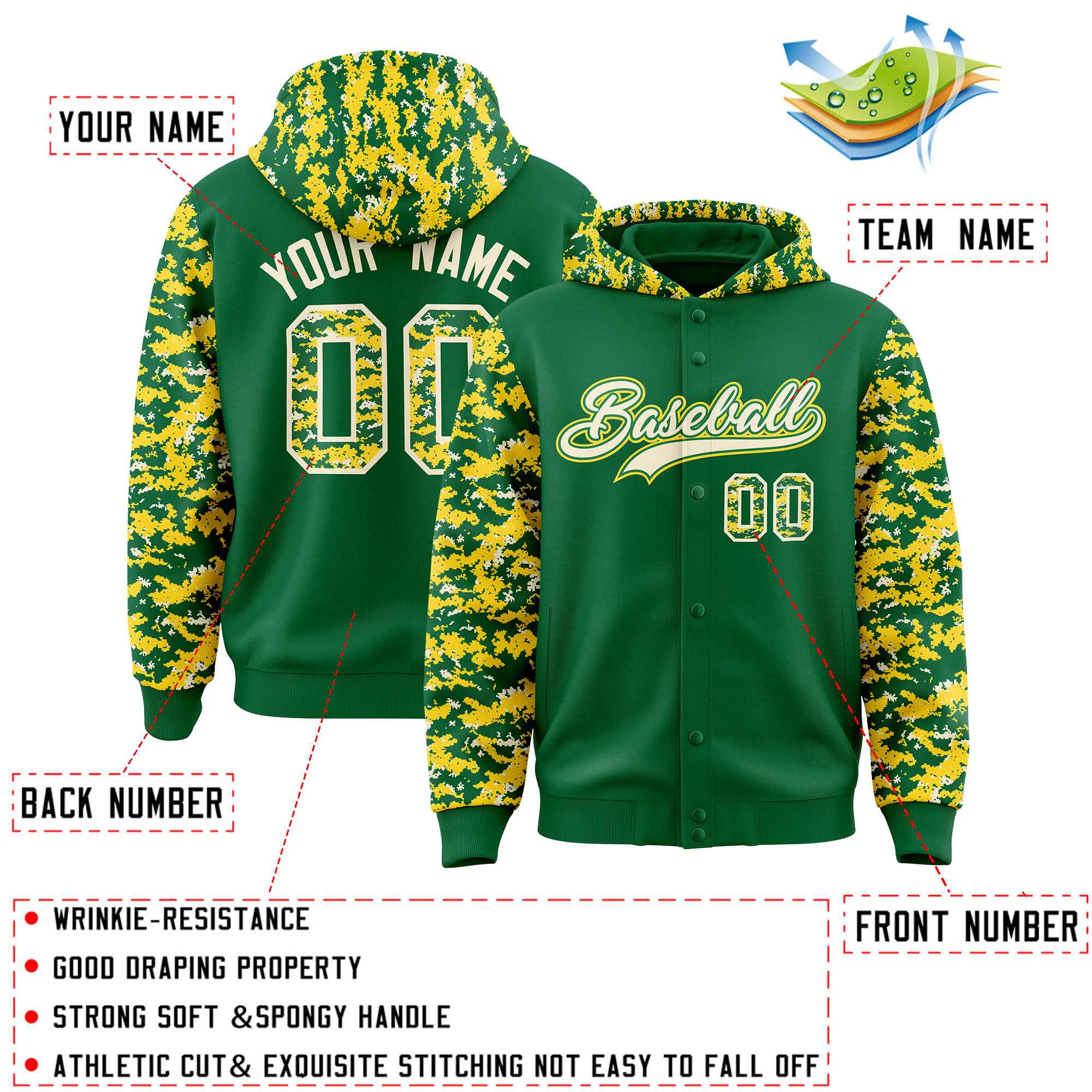 Custom Kelly Green Gold-Cream Raglan Sleeves Varsity Full-Snap Letterman Camo Hoodie Jacket