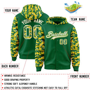 Custom Kelly Green Gold-Cream Raglan Sleeves Varsity Full-Snap Letterman Camo Hoodie Jacket