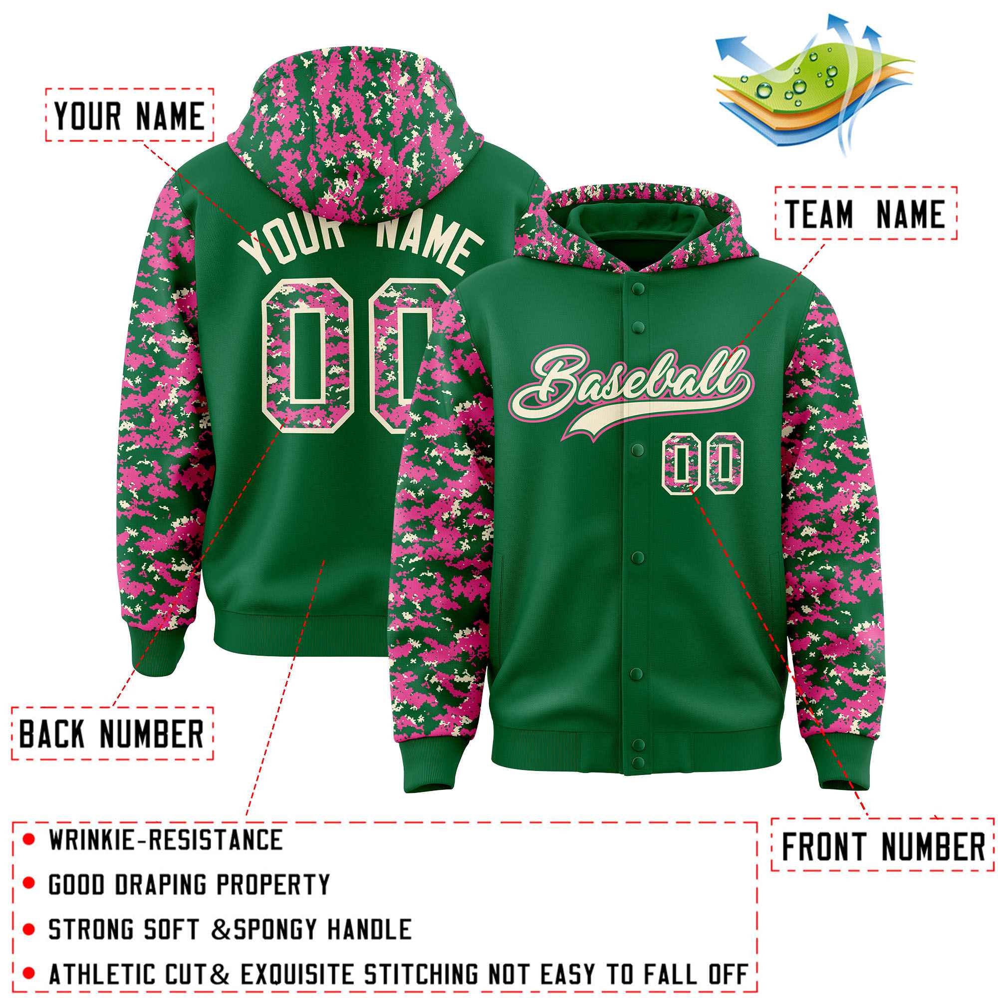 Custom Kelly Green Pink-Cream Raglan Sleeves Varsity Full-Snap Letterman Camo Hoodie Jacket