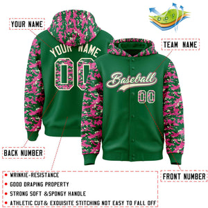 Custom Kelly Green Pink-Cream Raglan Sleeves Varsity Full-Snap Letterman Camo Hoodie Jacket