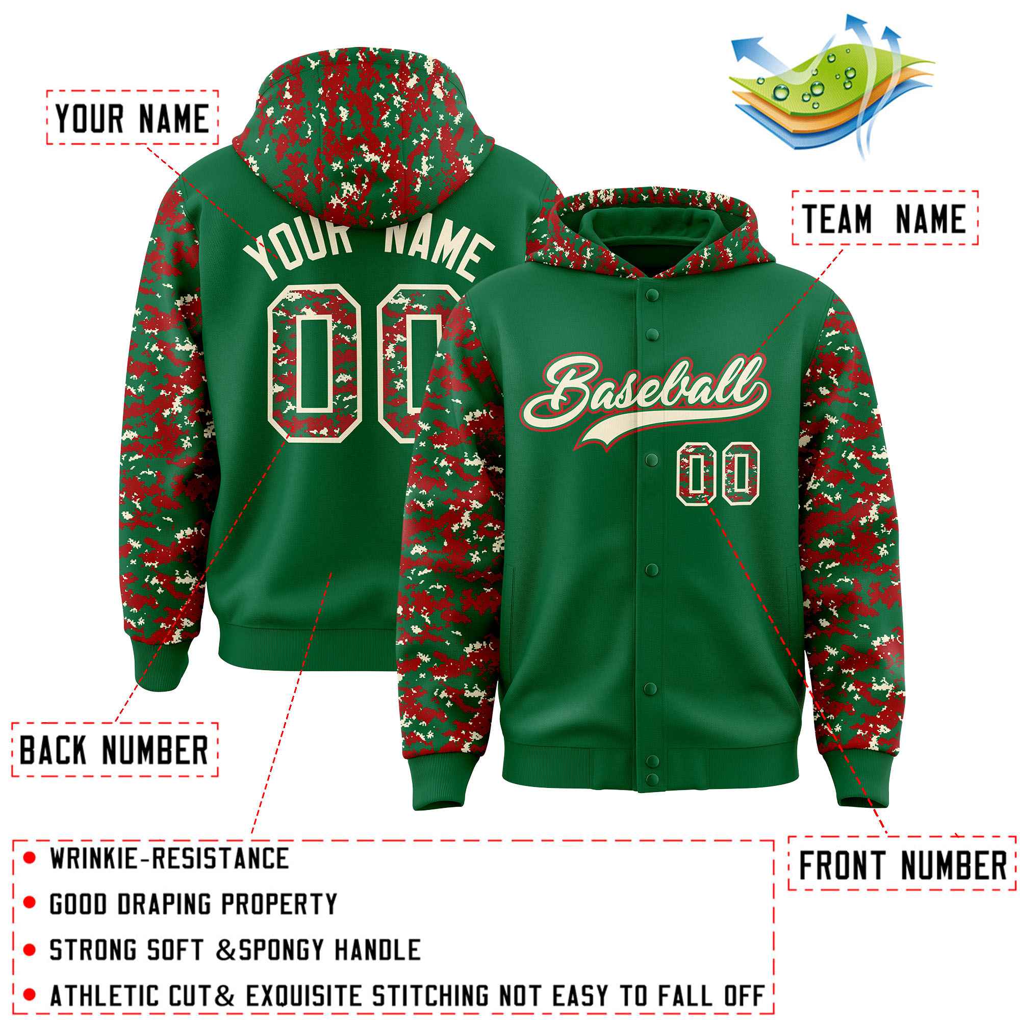 Custom Kelly Green Red-Cream Raglan Sleeves Varsity Full-Snap Letterman Camo Hoodie Jacket