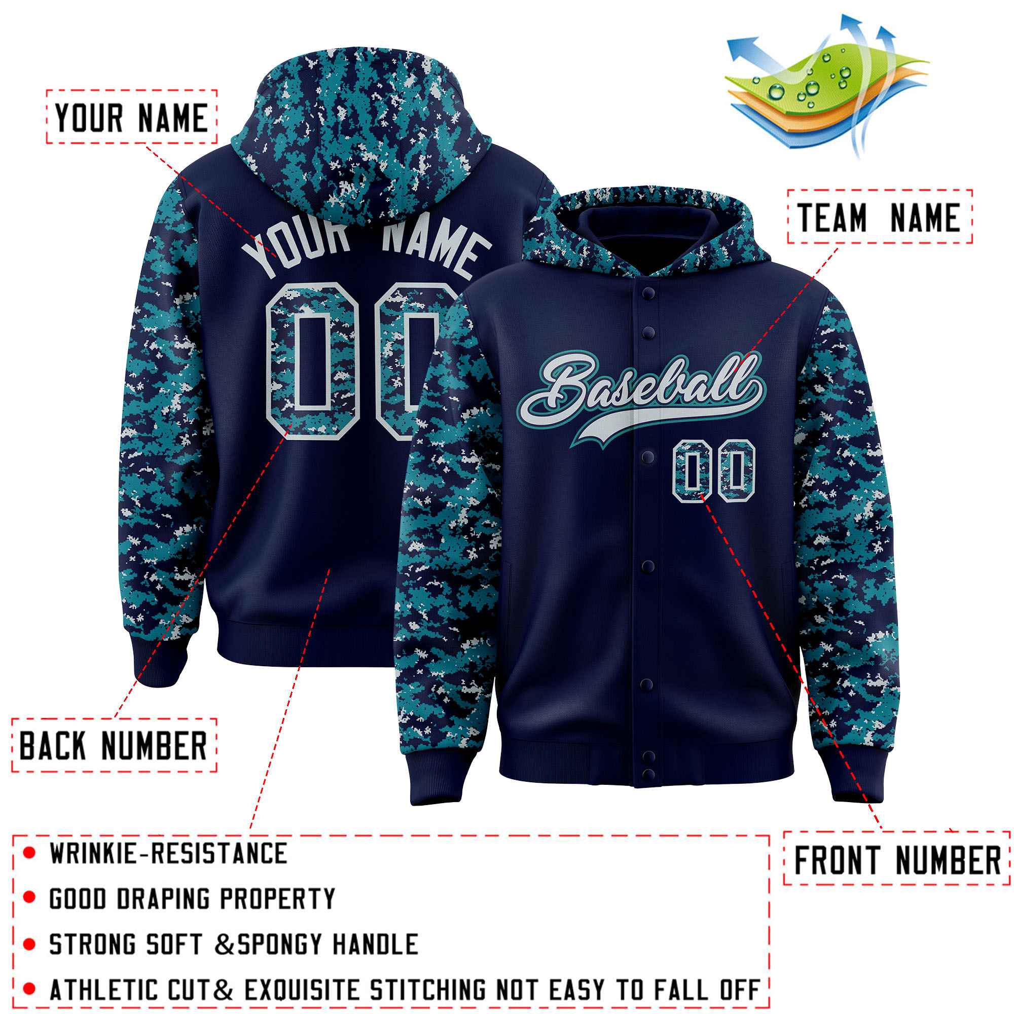 Custom Navy Aqua-Silver Raglan Sleeves Varsity Full-Snap Letterman Camo Hoodie Jacket