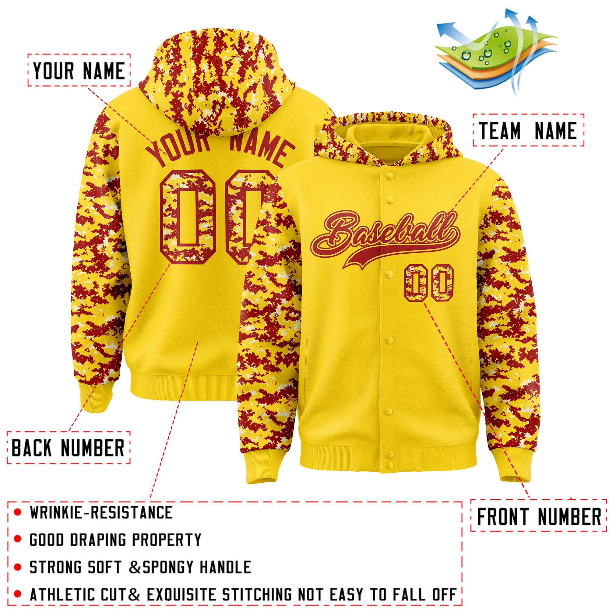 Custom Gold Red-Cream Raglan Sleeves Varsity Full-Snap Letterman Camo Hoodie Jacket