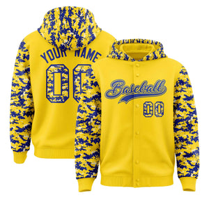 Custom Gold Royal-Cream Raglan Sleeves Varsity Full-Snap Letterman Camo Hoodie Jacket