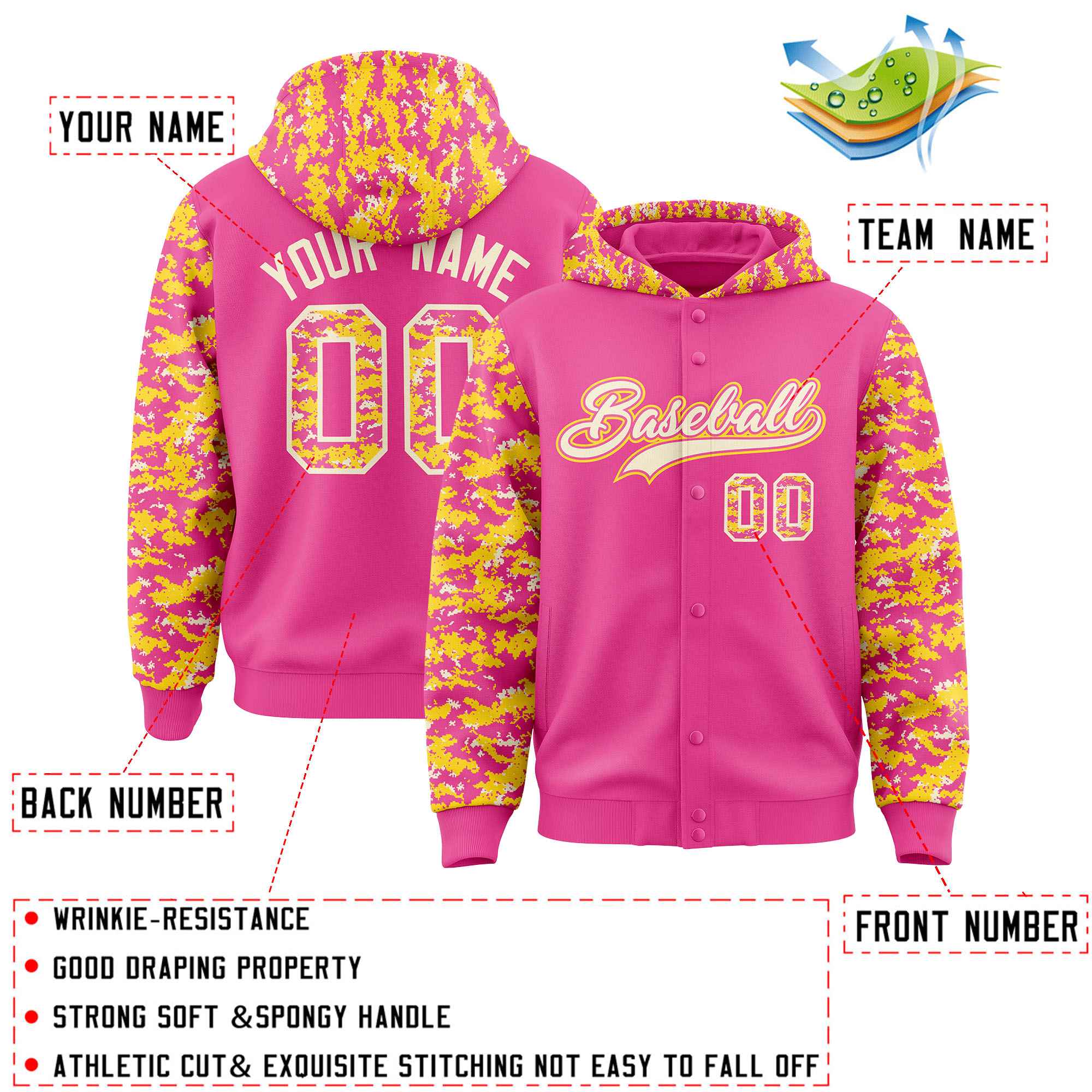 Custom Pink Gold-Cream Raglan Sleeves Varsity Full-Snap Letterman Camo Hoodie Jacket