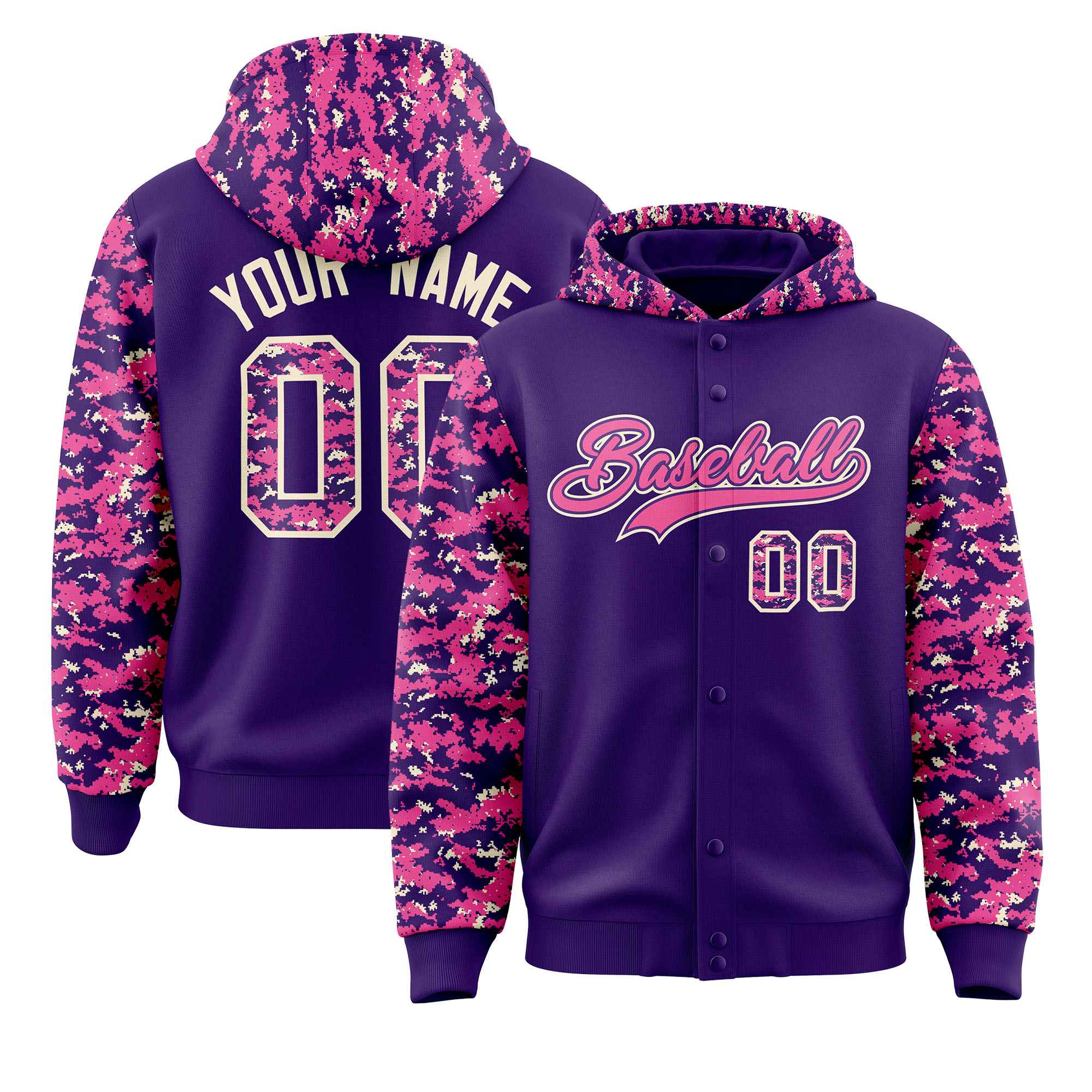 Custom Purple Pink-Cream Raglan Sleeves Varsity Full-Snap Letterman Camo Hoodie Jacket