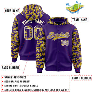 Custom Purple Old Gold-Cream Raglan Sleeves Varsity Full-Snap Letterman Camo Hoodie Jacket