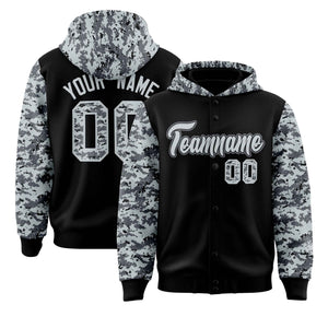 Custom Black Silver-Gray Raglan Sleeves Varsity Full-Snap Letterman Camo Hoodie Jacket