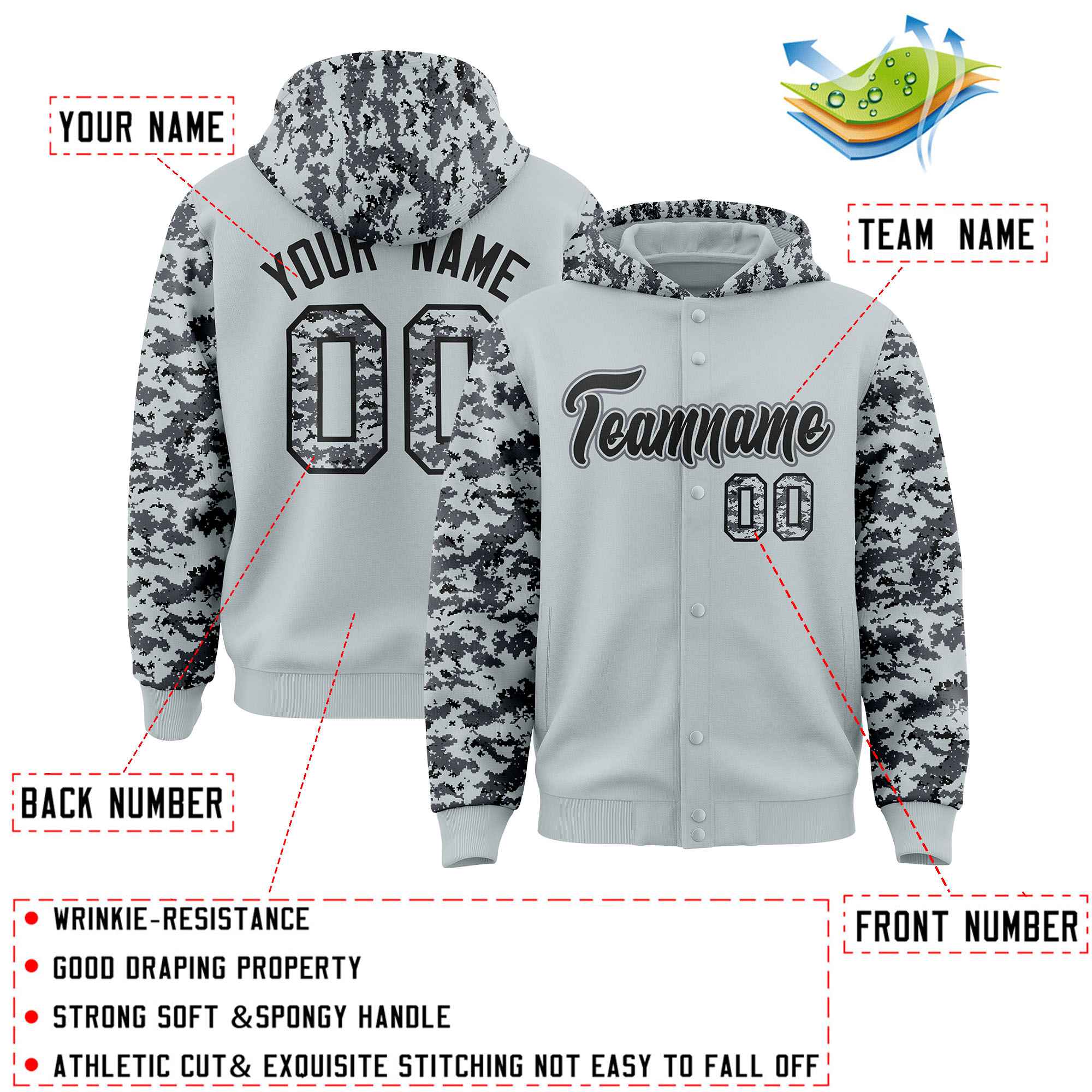 Custom Silver Gray-Black Raglan Sleeves Varsity Full-Snap Letterman Camo Hoodie Jacket