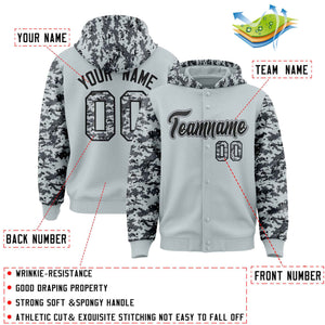 Custom Silver Gray-Black Raglan Sleeves Varsity Full-Snap Letterman Camo Hoodie Jacket