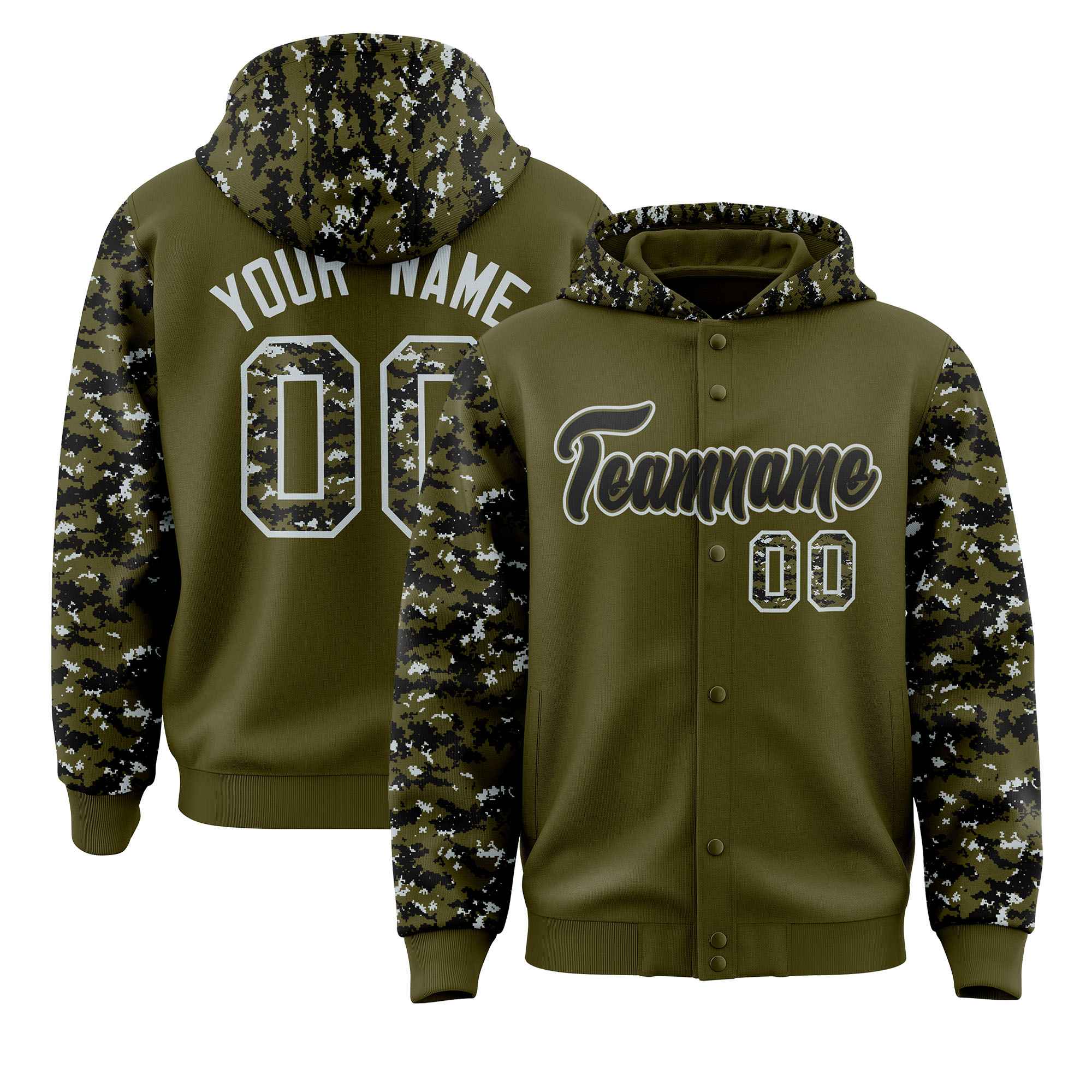 Custom Olive Black-Silver Raglan Sleeves Varsity Full-Snap Letterman Camo Hoodie Jacket