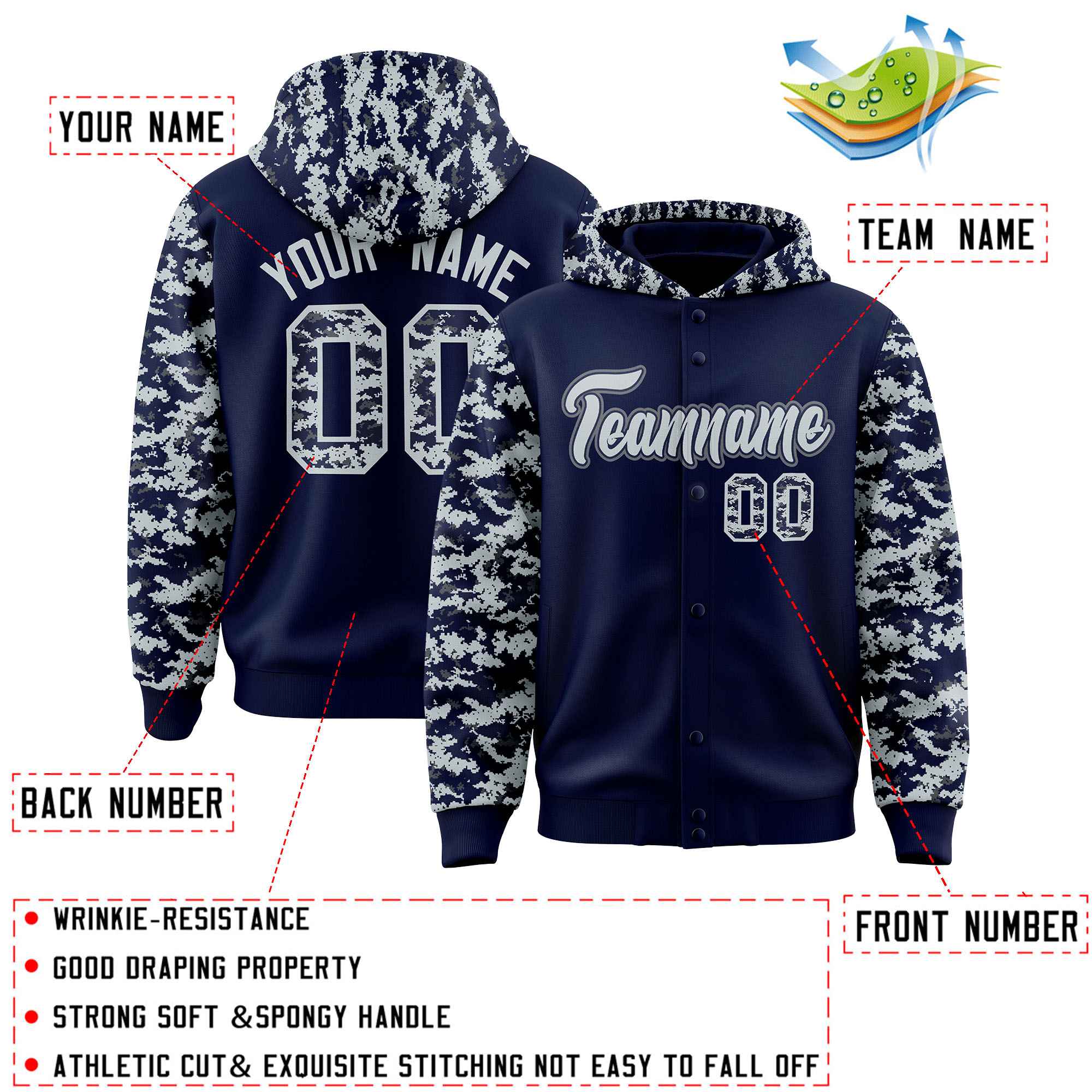 Custom Navy Silver-Gray Raglan Sleeves Varsity Full-Snap Letterman Camo Hoodie Jacket