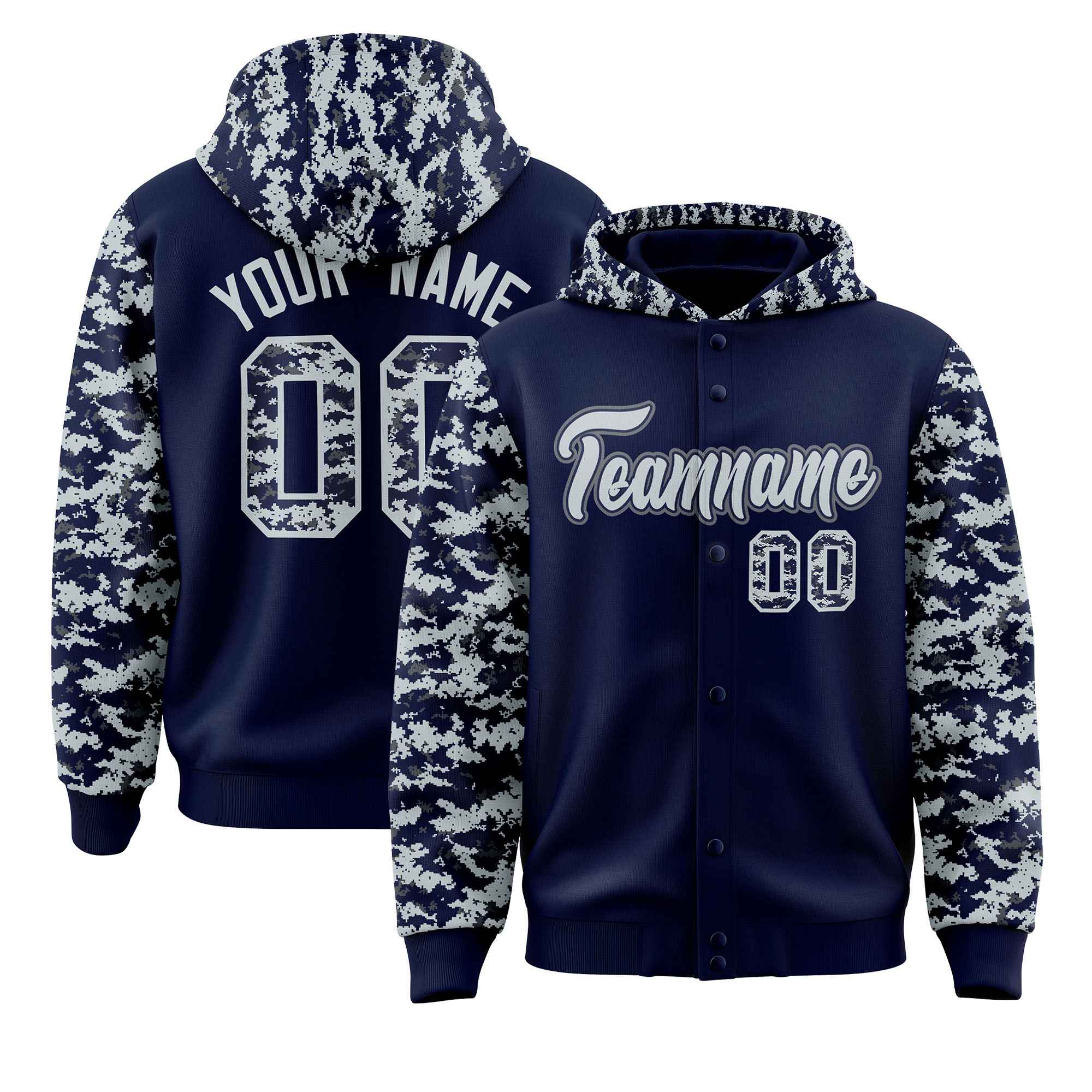 Custom Navy Silver-Gray Raglan Sleeves Varsity Full-Snap Letterman Camo Hoodie Jacket