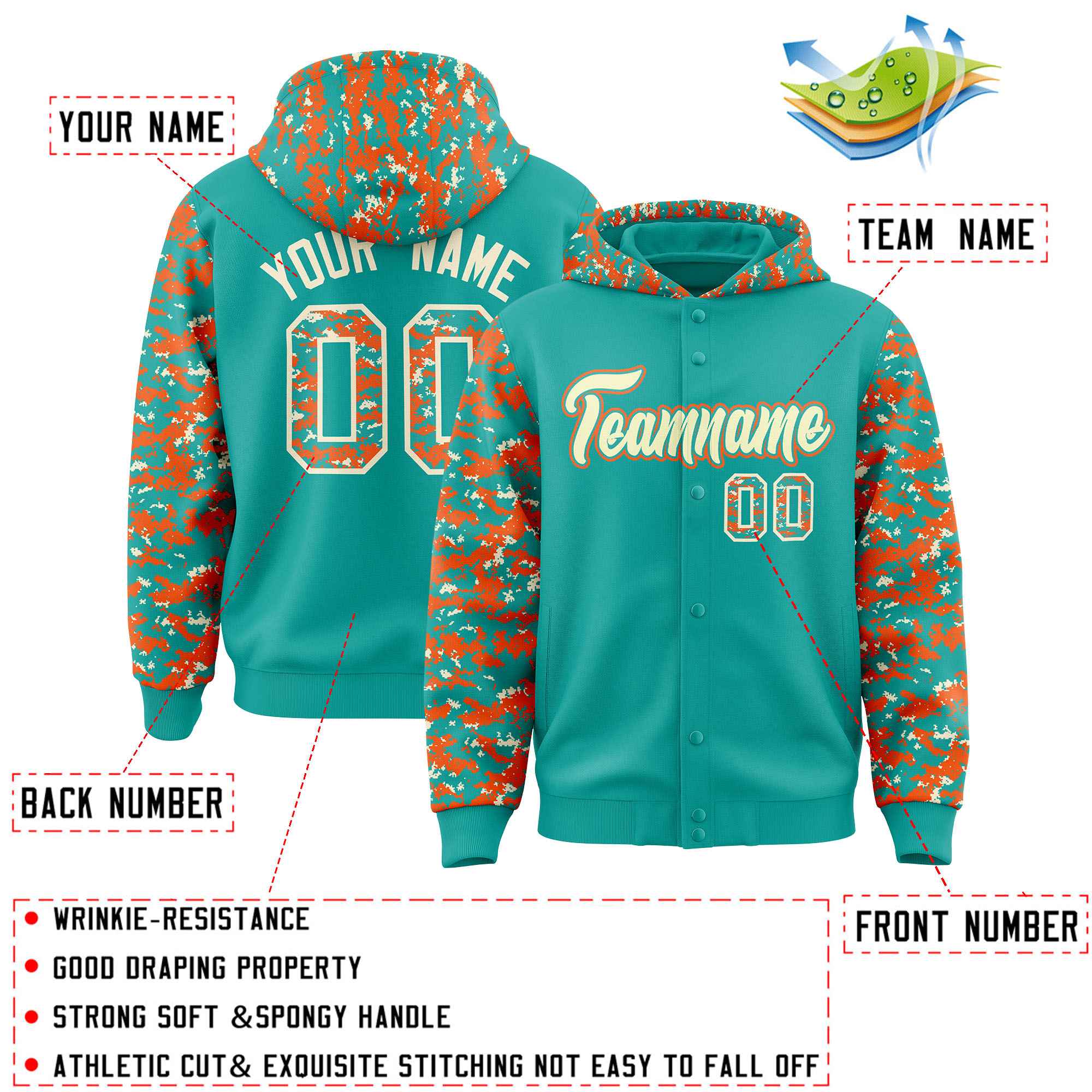 Custom Aqua Orange-Cream Raglan Sleeves Varsity Full-Snap Letterman Camo Hoodie Jacket