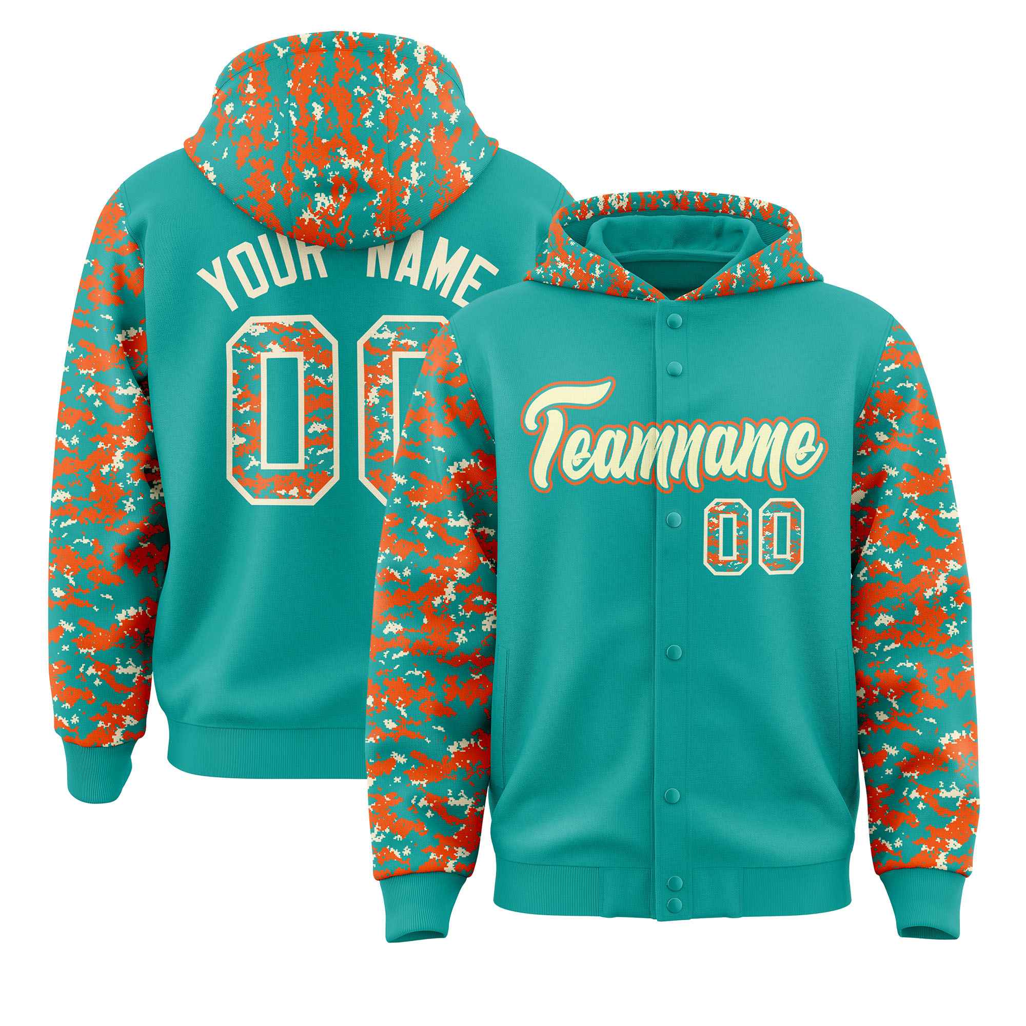 Custom Aqua Orange-Cream Raglan Sleeves Varsity Full-Snap Letterman Camo Hoodie Jacket